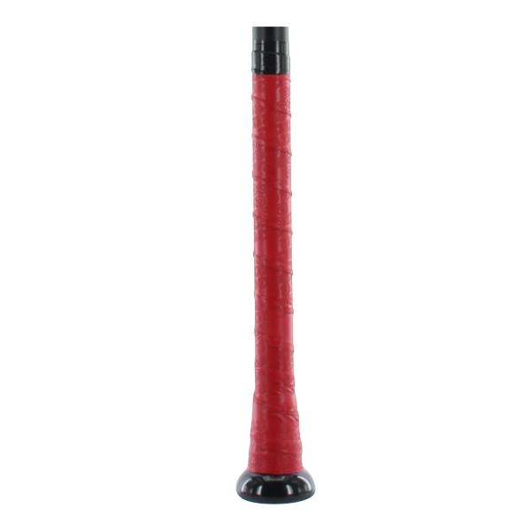 Close-up of a red baseball bat grip with a black end cap.
