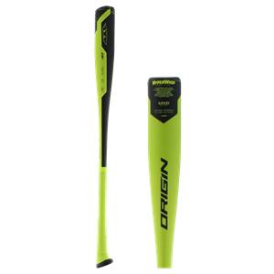 Side view of a black and neon yellow baseball bat with ORIGIN and HYPERWHIP text.