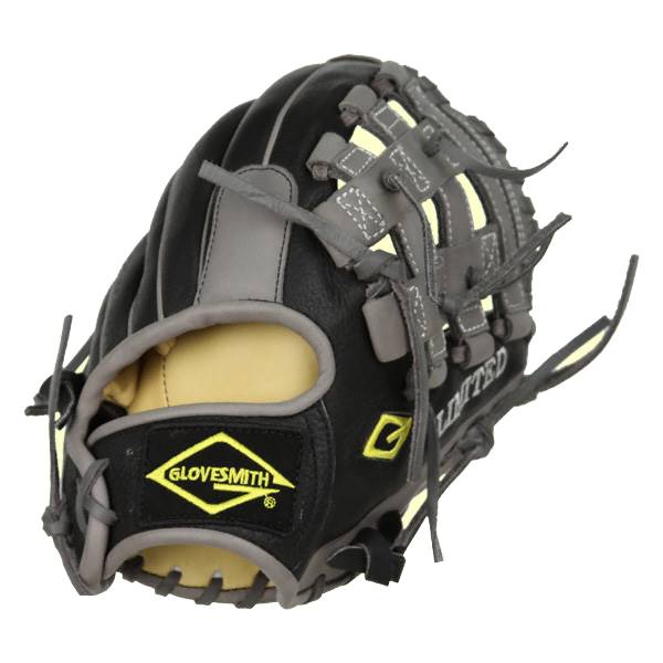 Side view of a black baseball glove with tan interior, grey accents, and LIMITED text.