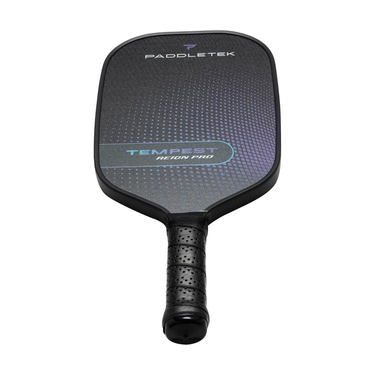 Front view of a black pickleball paddle with PADDLETEK and TEMPEST REIGN PRO text and a textured surface.