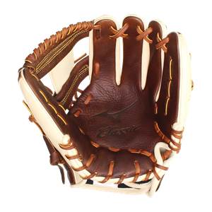 Front view of a brown and cream softball glove with Mizuno branding and Classic text.