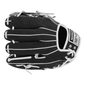 Back view of a black baseball glove with white piping and laces, featuring embossed Marucci lettering and a white Marucci Nightshift label on the wrist strap.