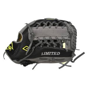 Side view of a black and gray baseball glove with LIMITED text and yellow accents.