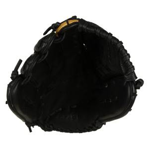 Top-down view of a black baseball glove with gold accents and visible lacing.