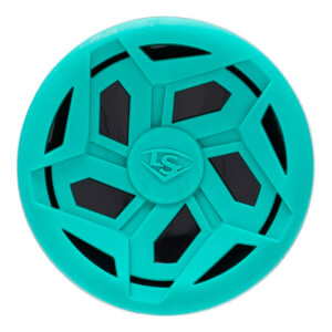 Top-down view of a teal baseball bat end cap with a geometric pattern, black cutouts, and a raised LS logo.