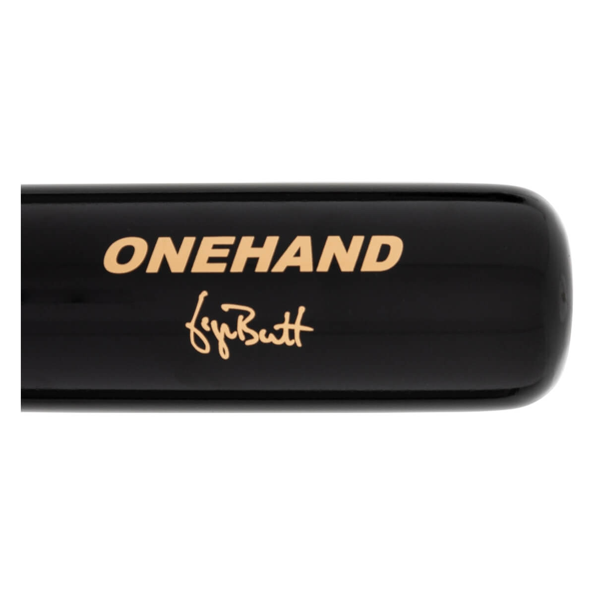 Side view of a black training bat with ONEHAND and fyn Butt in gold lettering.