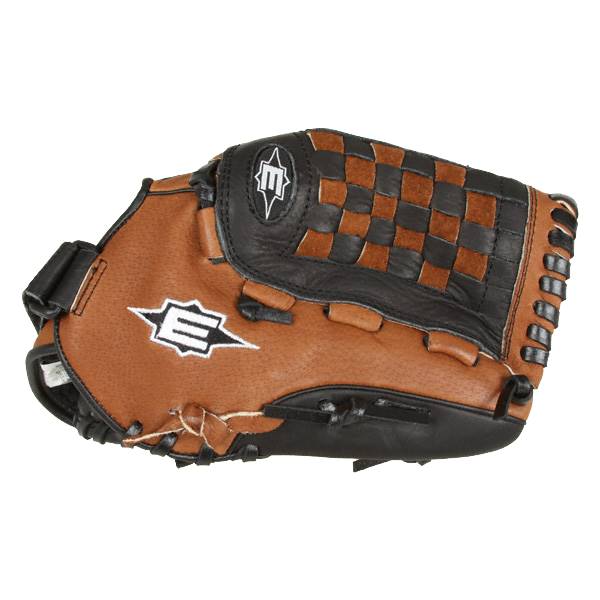 Top-down view of a brown and black baseball glove with a checkered web and white Easton logo.