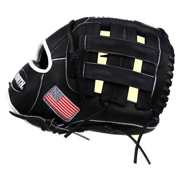 Front view of a black baseball glove with an American flag patch and WORTH text.