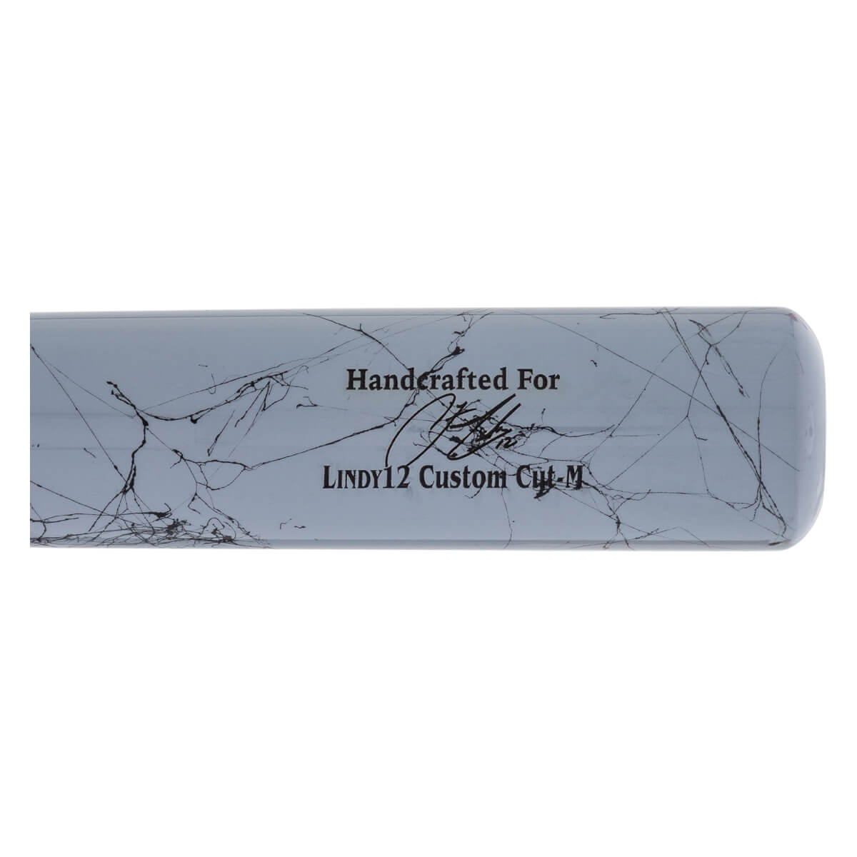 Side view of a grey baseball bat with black marbling, a signature, and LINDY12 Custom Cut-M text.