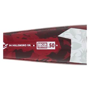 Side view of a red baseball bat with BBCOR CERTIFIED .50 and IN HILLSBORO OR. text.
