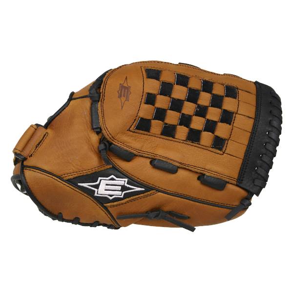 Top-down view of a tan baseball glove with a checkered web and white E logo.