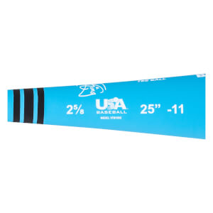 Side view of a blue tee ball baseball bat with black stripes, USA Baseball logo, and 25 -11 markings.
