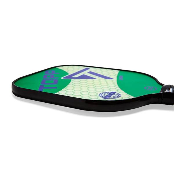 Side view of a green pickleball paddle with a hexagonal pattern and TOPP text.