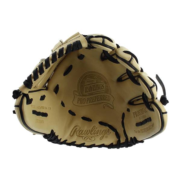 Top-down view of a tan Rawlings Pro Preferred baseball glove with black lacing and embossed branding.