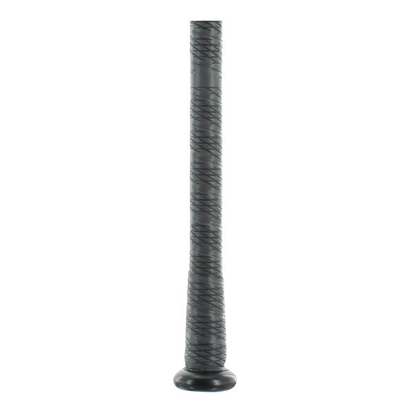 Bottom view of a black baseball bat with a textured grip and a rounded knob.