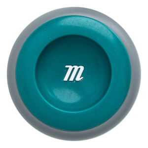 Top-down view of a grey and teal baseball bat end cap with a white m logo.