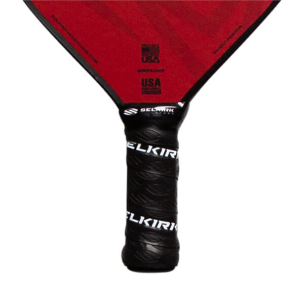 Top-down view of a red pickleball paddle with a black grip and USA branding.