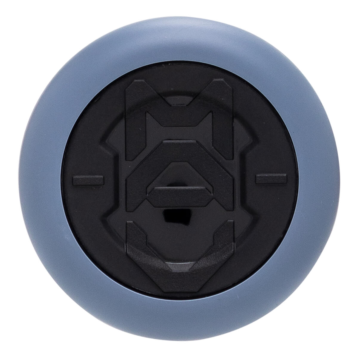 Top-down view of a dusty blue and black baseball bat end cap with a raised geometric MAV logo.