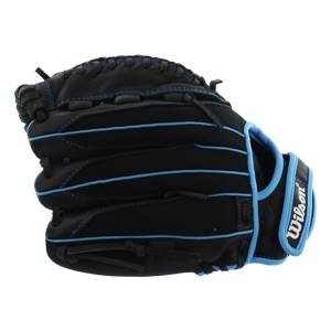Side view of a black fastpitch glove with blue piping and Wilson branding.