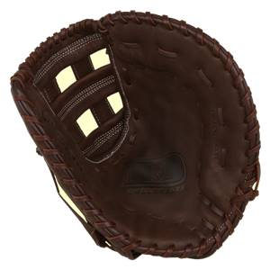 Top-down view of a brown softball mitt with a D logo and COLLEGIATE text.