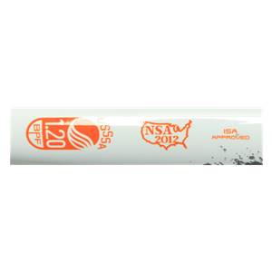 Side view of a white softball bat with BPF 1.20, USSSA, NSA 2012, and ISA APPROVED logos.