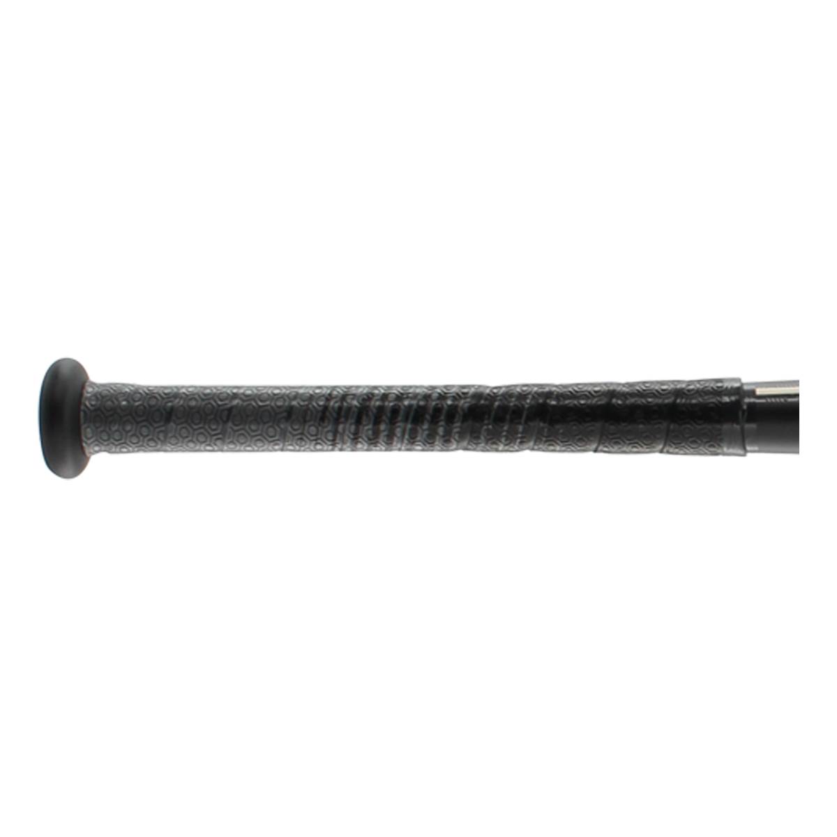 Side view of a black baseball bat grip with a textured hexagonal pattern.