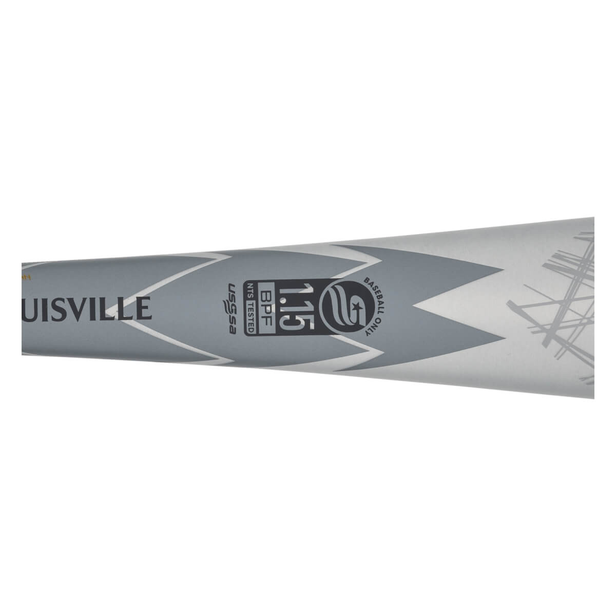 Side view of a gray Louisville Slugger baseball bat with USSSA and 1.15 BPF markings.