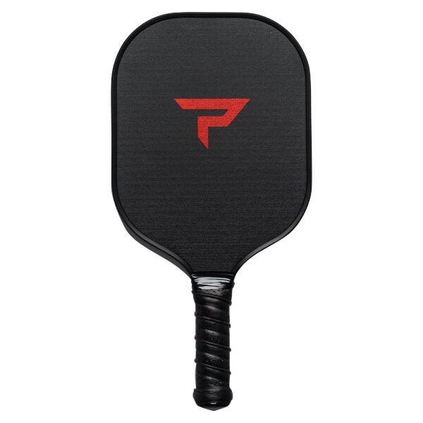 Front view of a black pickleball paddle with a red P logo and textured surface.