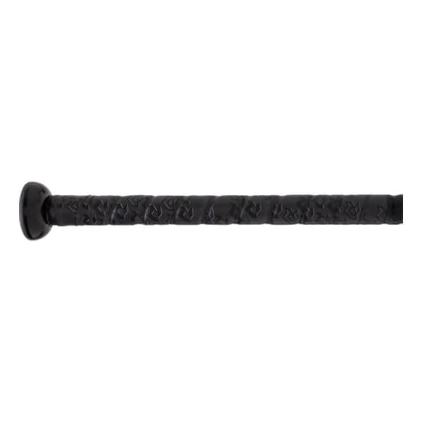 Close-up side view of a black bat grip with an embossed repeating pattern and a rounded end cap.