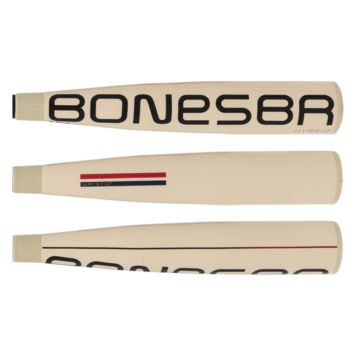 Three side panels of a cream baseball bat displaying BONESBR HYBRID text and a WARSTIC logo with red and blue stripes.