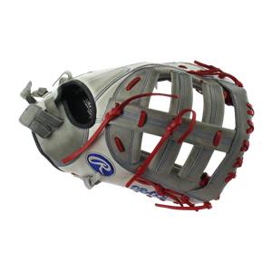 Top-down view of a white and gray baseball glove with red lacing and a Rawlings logo.