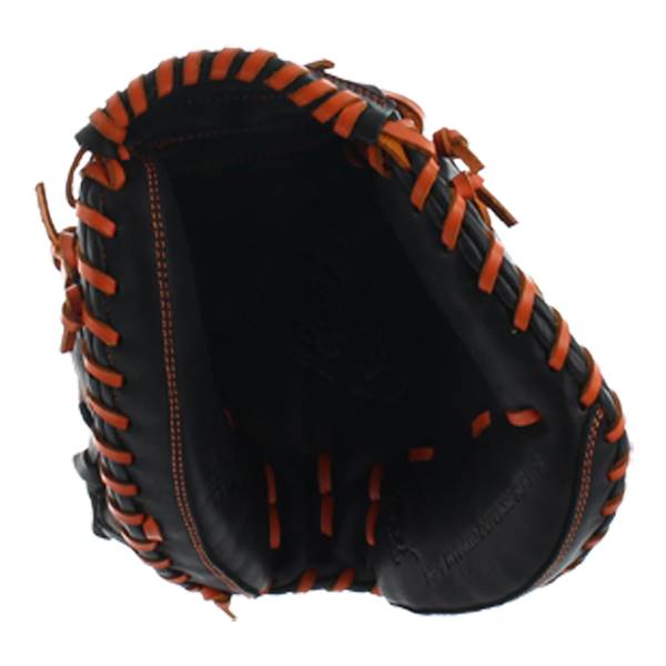 Top-down view of a black baseball glove with orange stitching and a textured interior.
