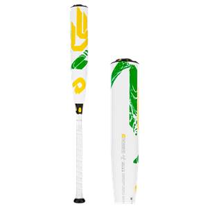 Side view of a white baseball bat with yellow and green abstract designs and DEMARINI CF text.