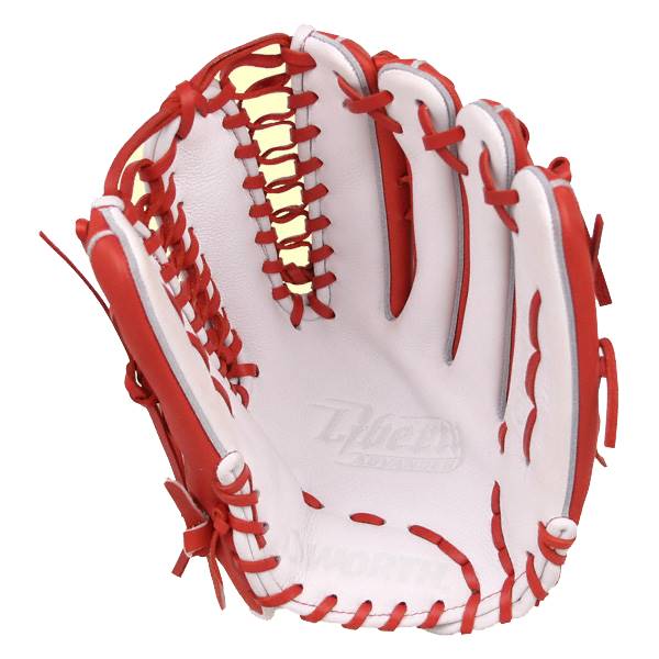 Interior view of a white and red baseball glove with yellow lacing and embossed Liberty Advanced and Worth logos.