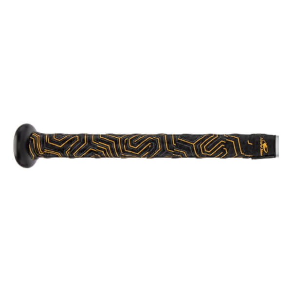 Side view of a black baseball bat with a yellow geometric grip pattern and a black end cap.