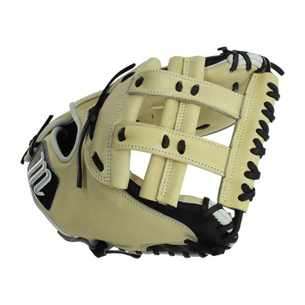 Side view of a tan catchers mitt with black lacing and a white m logo.