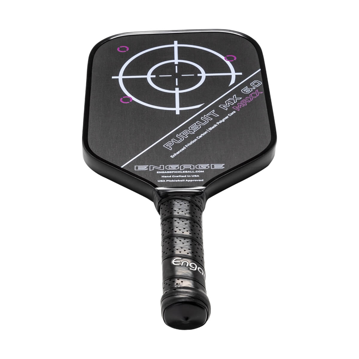 Front view of a black pickleball paddle with a target design, PURSUIT MX 6.0 text, and a perforated grip.