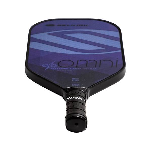Top-down view of a purple pickleball paddle with OMNI text and a black grip with KIRK branding.