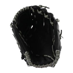 Top-down view of a black baseball glove with grey lacing and a deep pocket.