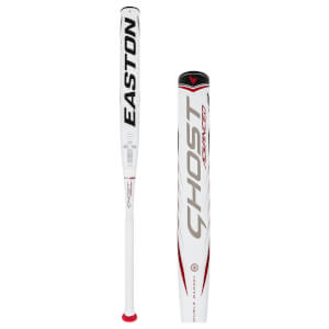 Side view of a white Easton Ghost Advanced fastpitch softball bat with red and grey accents.