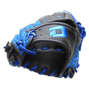 Side view of a black baseball glove with blue accents and a blue D logo.