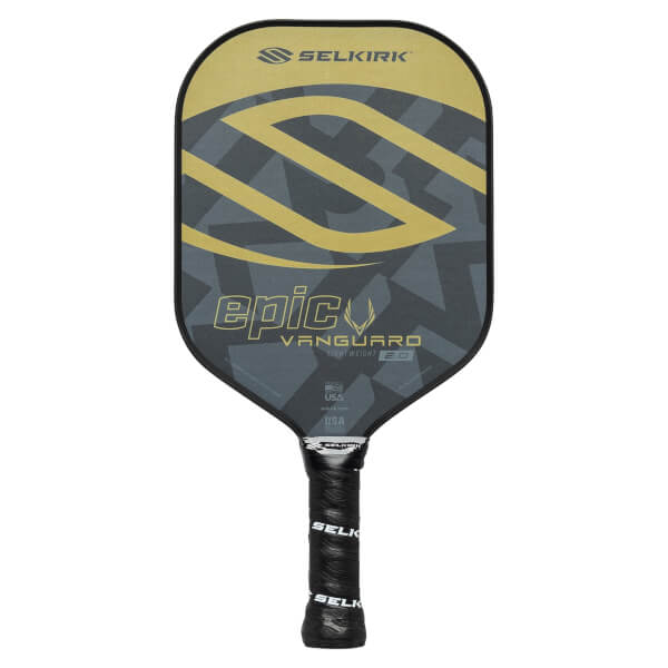 Front view of a black and gold pickleball paddle with epic VANGUARD 2.0 text and a large S graphic.