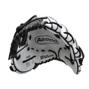 Side view of a white Wilson A2000 fastpitch glove with black lacing and A2000 branding.