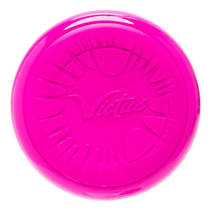 Top-down view of a pink baseball bat end cap with embossed Victus logo and radial lines.