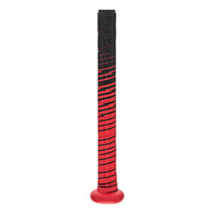 Side view of a black and red baseball bat with a striped grip and red knob.