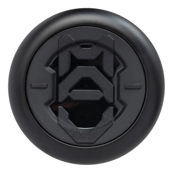 Top-down view of the black circular end cap featuring a raised, textured MAV logo centered in a matte finish.