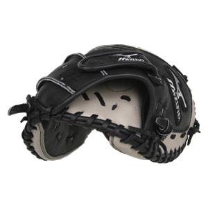 Side view of a black Mizuno catchers mitt with white stitching and a tan interior.