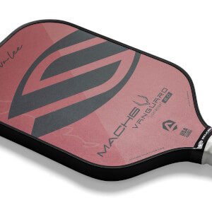 Top-down view of a red pickleball paddle with black stripes and MACH6 VANGUARD 2.0 text.