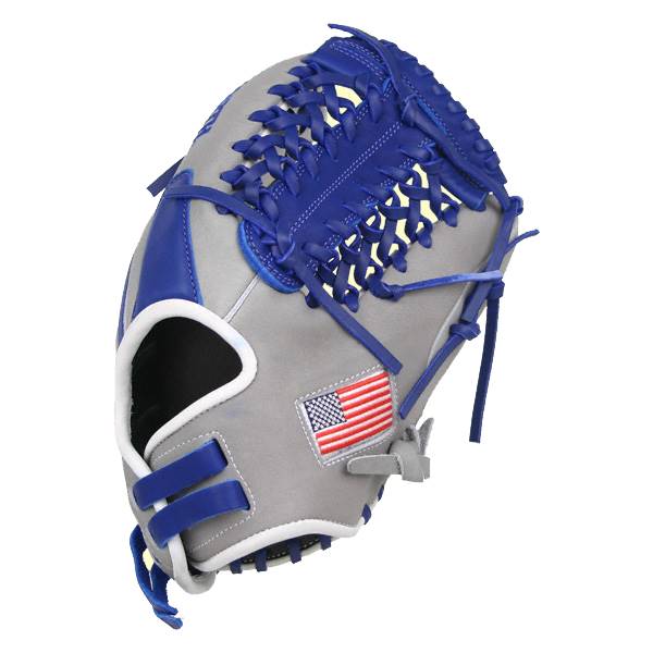 Side view of a gray and blue baseball glove with an American flag patch and white lacing.