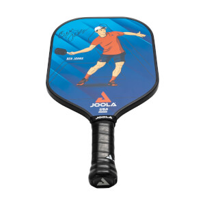 Front view of a blue pickleball paddle with a graphic of Ben Johns, JOOLA USA logo, and black grip.